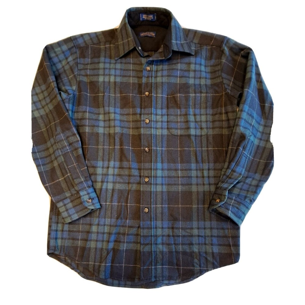 Pendleton LODGE FLANNEL Shirt Button Up BLUE Collar 100% Virgin Wool Mens Size S
